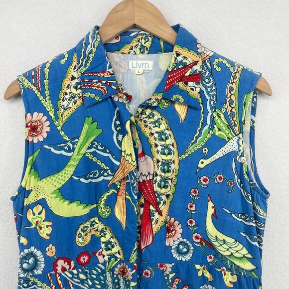 LIVRO Dress L Floral Bird Fit & Flare Button Front Mini Shirtdress Cotton Blue - Picture 3 of 16